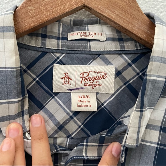 Penguin navy and gray plaid button down shirt size large - Picture 3 of 5